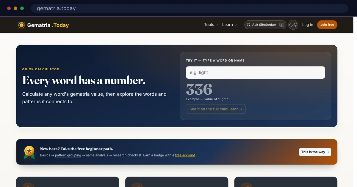 The Gematria Today homepage: a quick-calculator hero with a live word-value example.