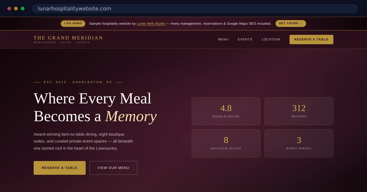 The Grand Meridian demo homepage: a plum-and-gold restaurant hero beside review and capacity stats.