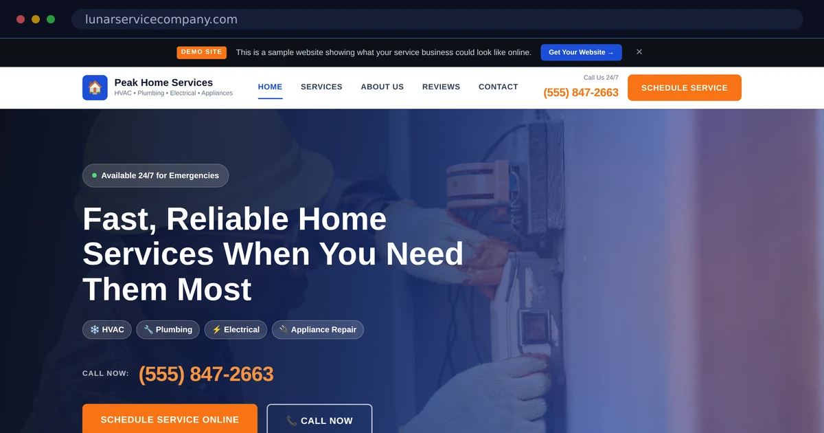 The Peak Home Services demo homepage: a technician at work behind the headline, with service badges and a call-now number.