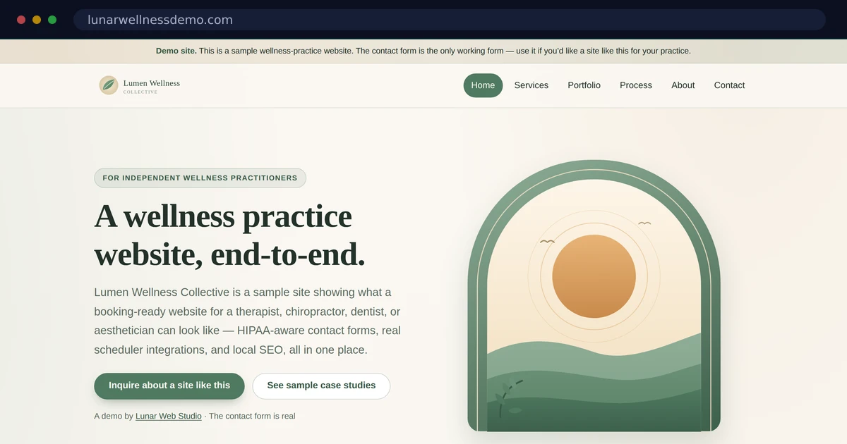 The Lumen Wellness Collective demo homepage: a soft, sage-toned hero for a booking-ready practice site.