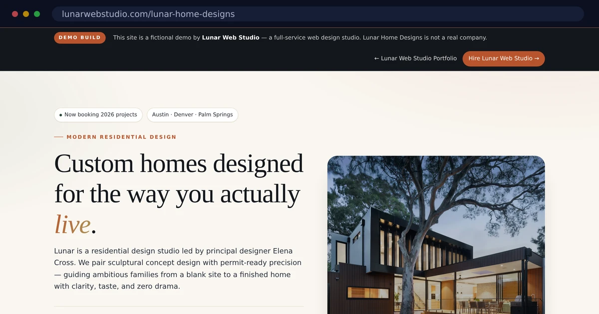 The Lunar Home Designs demo site homepage